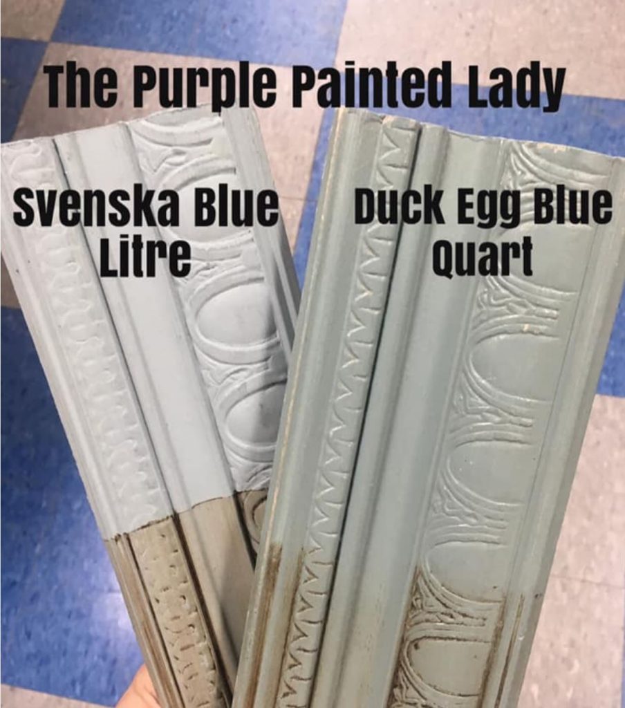 Comparison of Svenska Blue in a Litre to Duck Egg Blue packaged in the retired Quart containers